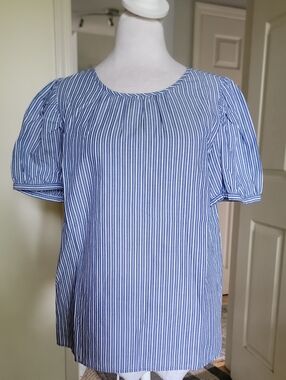 J Crew Xs Blue Striped Puff-Sleeve Women’s Top